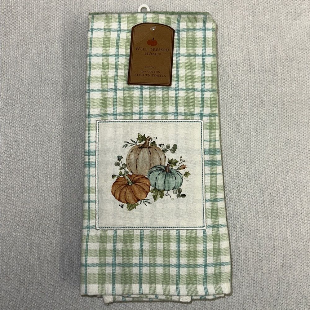 WDH White Blue Green Cotton Fall Harvest Pumpkin Kitchen Towels